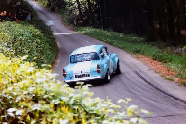 Ford Anglia getting side ways out of Sawbench Corner